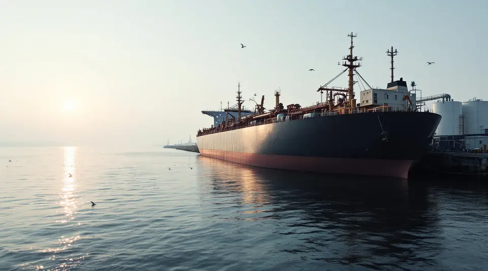 Een grote olietanker zonder naam aan een lange steiger in de Rotterdamse haven in het ochtendlicht, met witte opslagtanks erachter en meeuwen boven het water