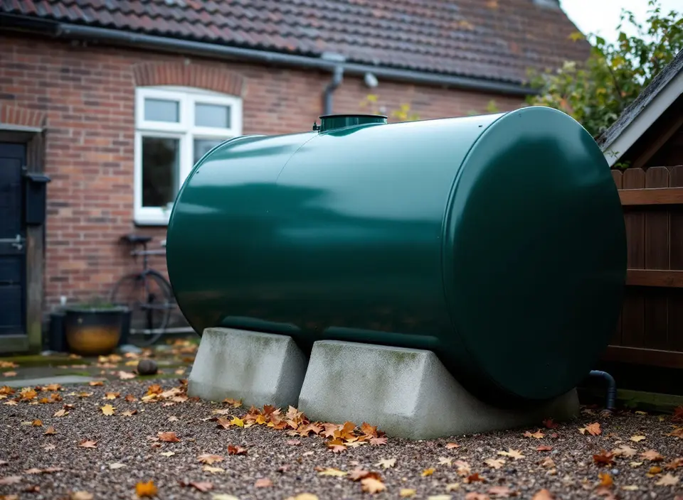 Een liggende donkergroene tank voor huisbrandolie op twee betonnen steunen achter een bakstenen huis, met herfstbladeren op het grind